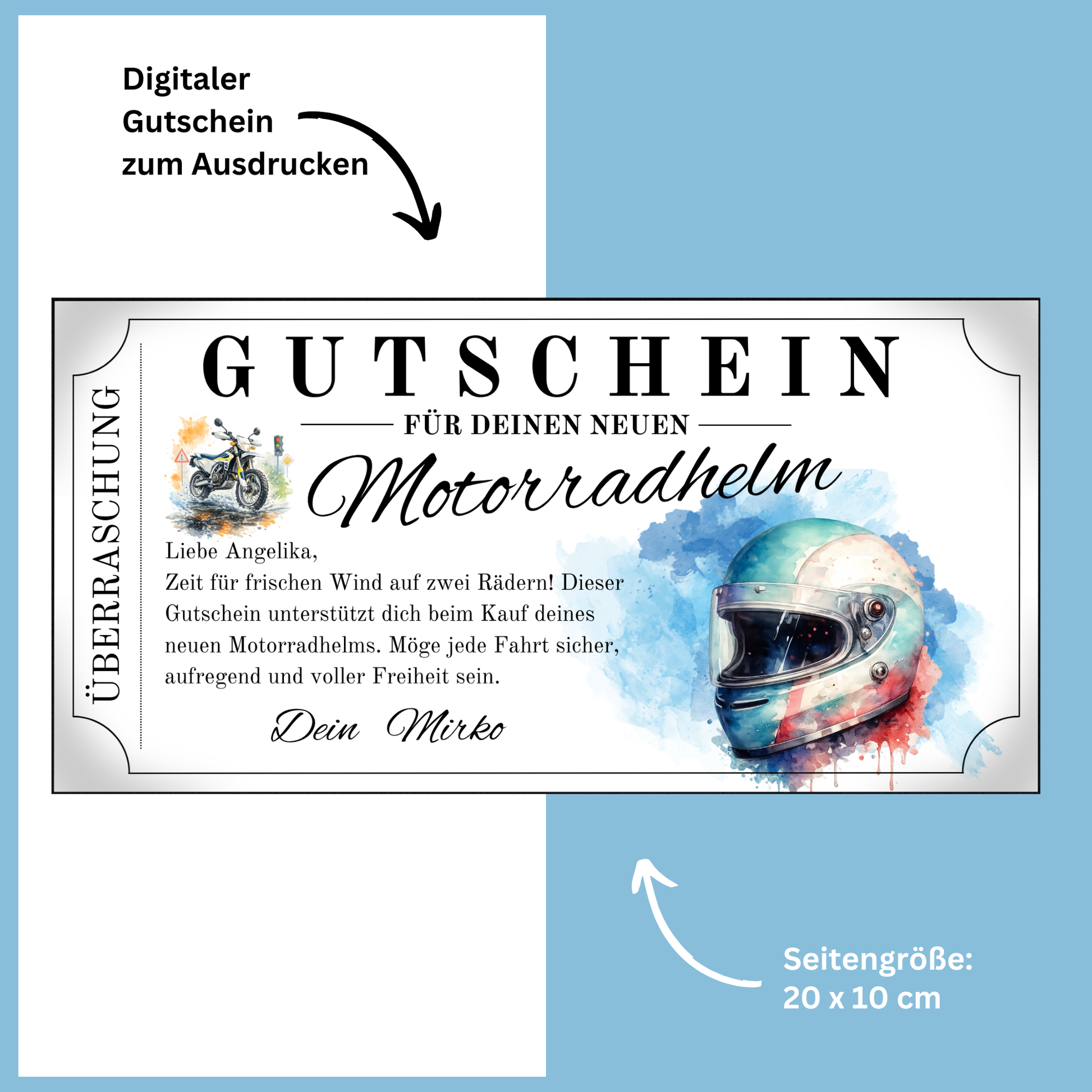 Gutschein neuer Motorradhelm personalisiert digital zu Weihnachten verschenken