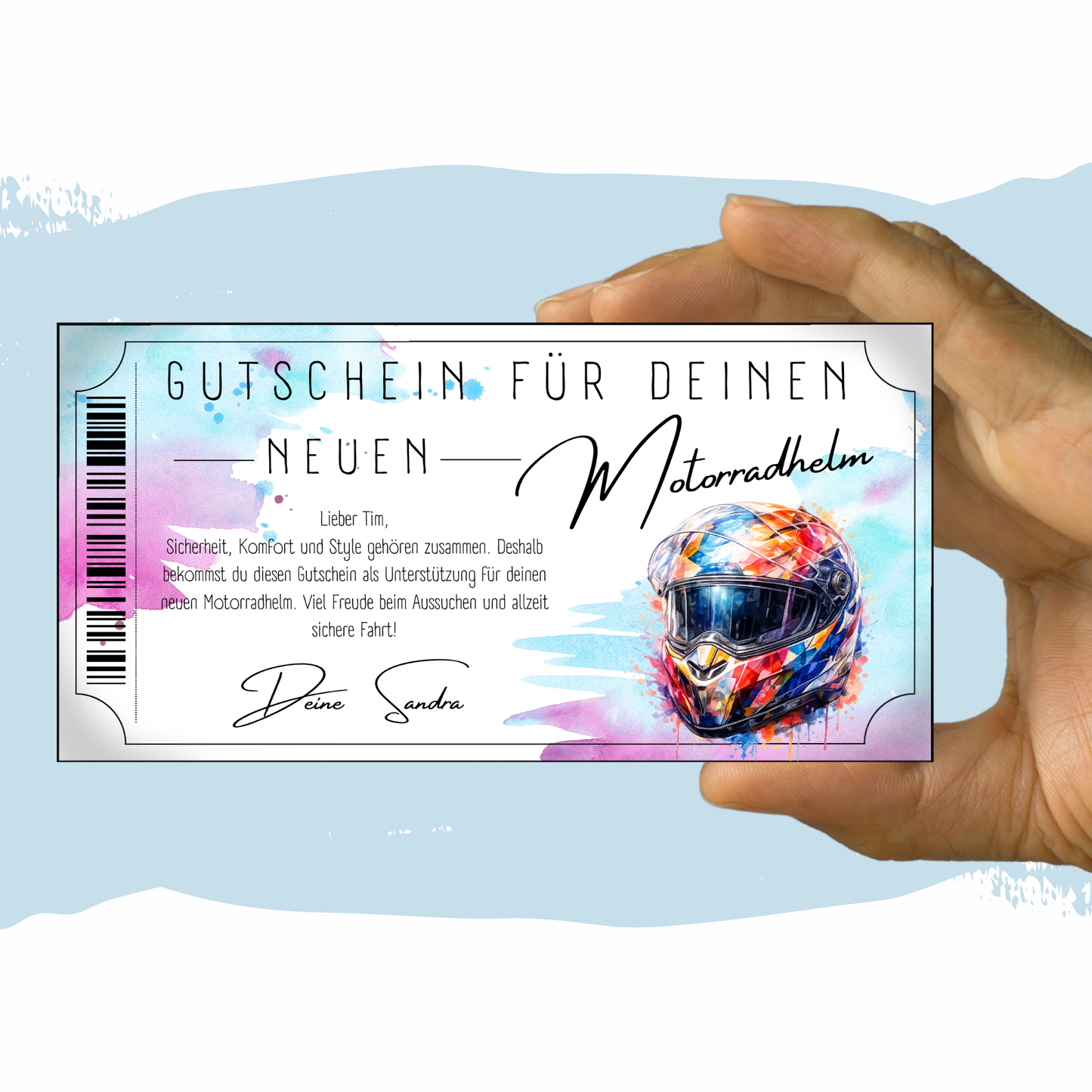 Motorradhelm Gutschein pink-tuerkis digital zu Weihnachten sofort Download personalisieren