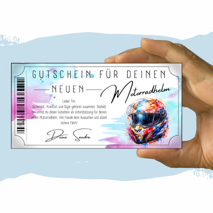 Motorradhelm Gutschein pink-tuerkis digital zu Weihnachten sofort Download personalisieren