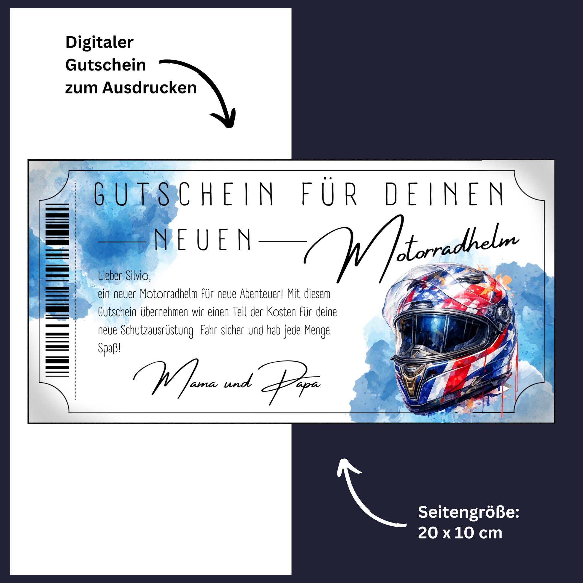 Motorradhelm Gutschein sportliches Design digital zu Weihnachten sofort Download