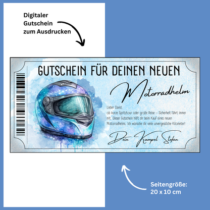 Motorradhelm Gutschein blau-violett digital zu Weihnachten sofort Download personalisieren