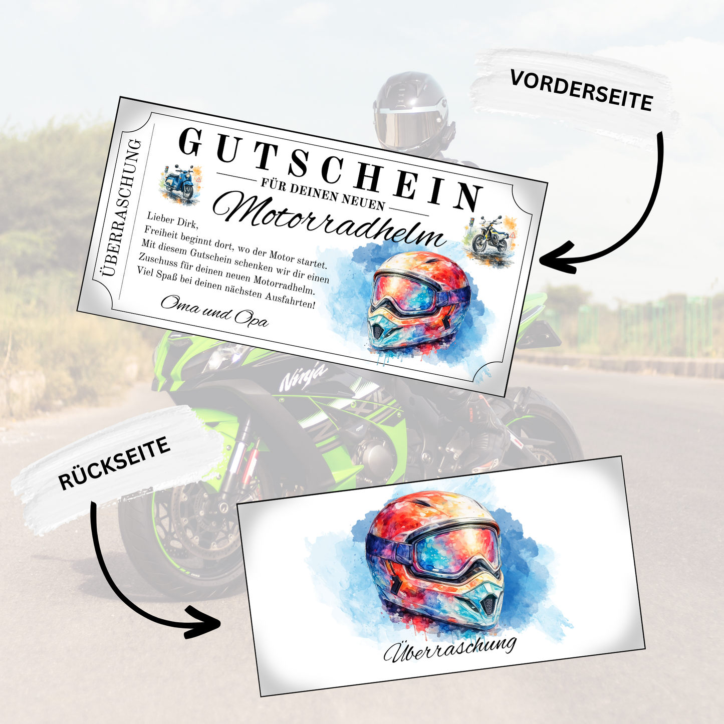 Motorradhelm Gutschein weißes Silber-Ticket-Design mit rotem MX-Helm Aquarell