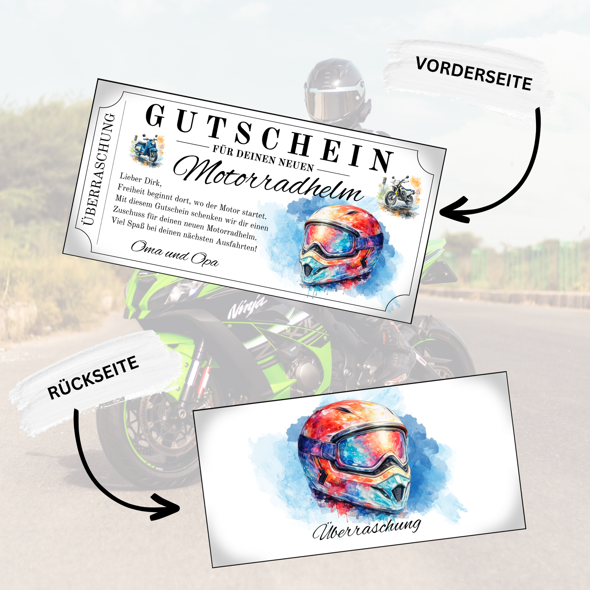 Motorradhelm Gutschein weißes Silber-Ticket-Design mit rotem MX-Helm Aquarell