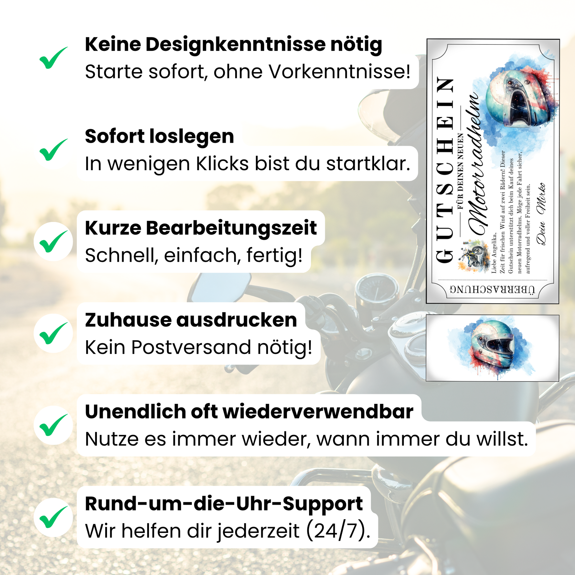 Motorradhelm Gutschein mit weißem Integralhelm und Watercolor-Design