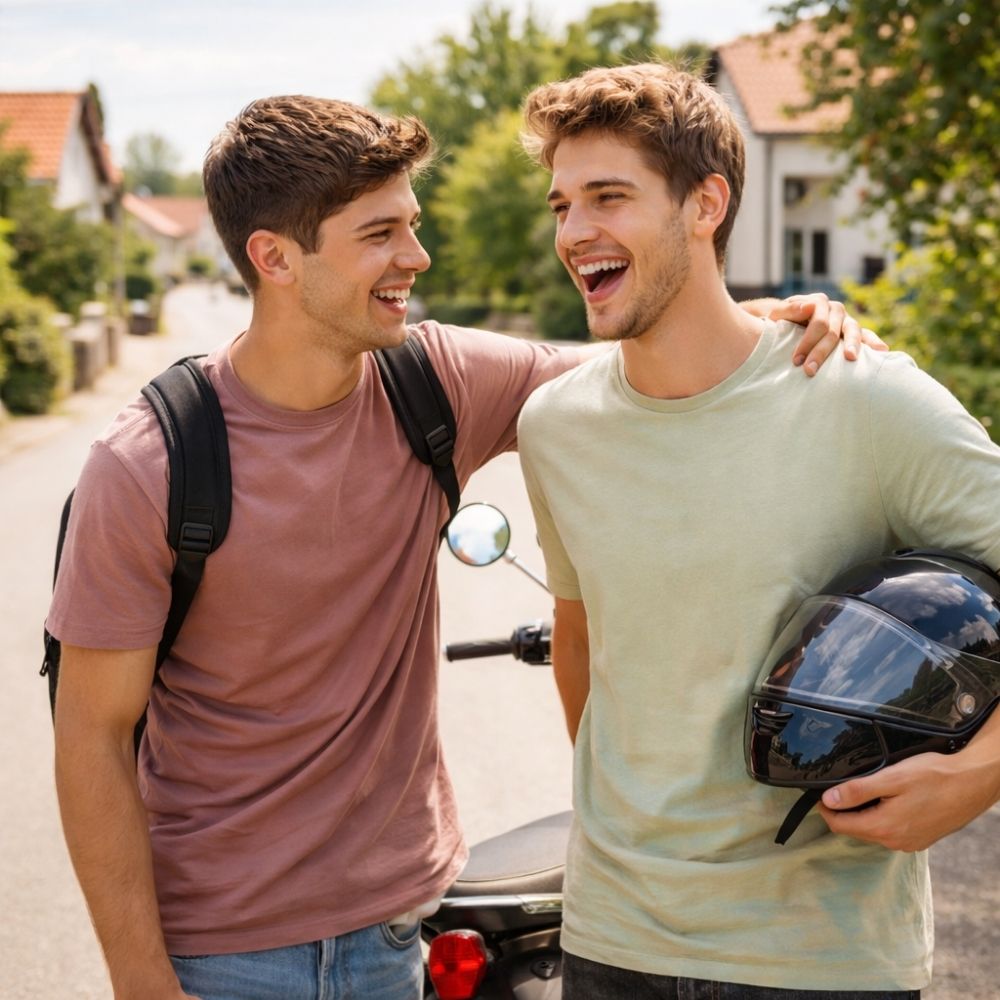 Zwei Freunde mit Moped auf Dorfstraße – Mopedführerschein Gutschein druckbar digital als Geschenkidee