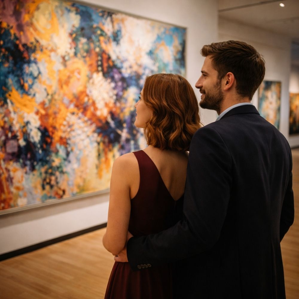 Paar bewundert Gemälde in modernem Kunstmuseum – Museum Gutschein personalisierbar