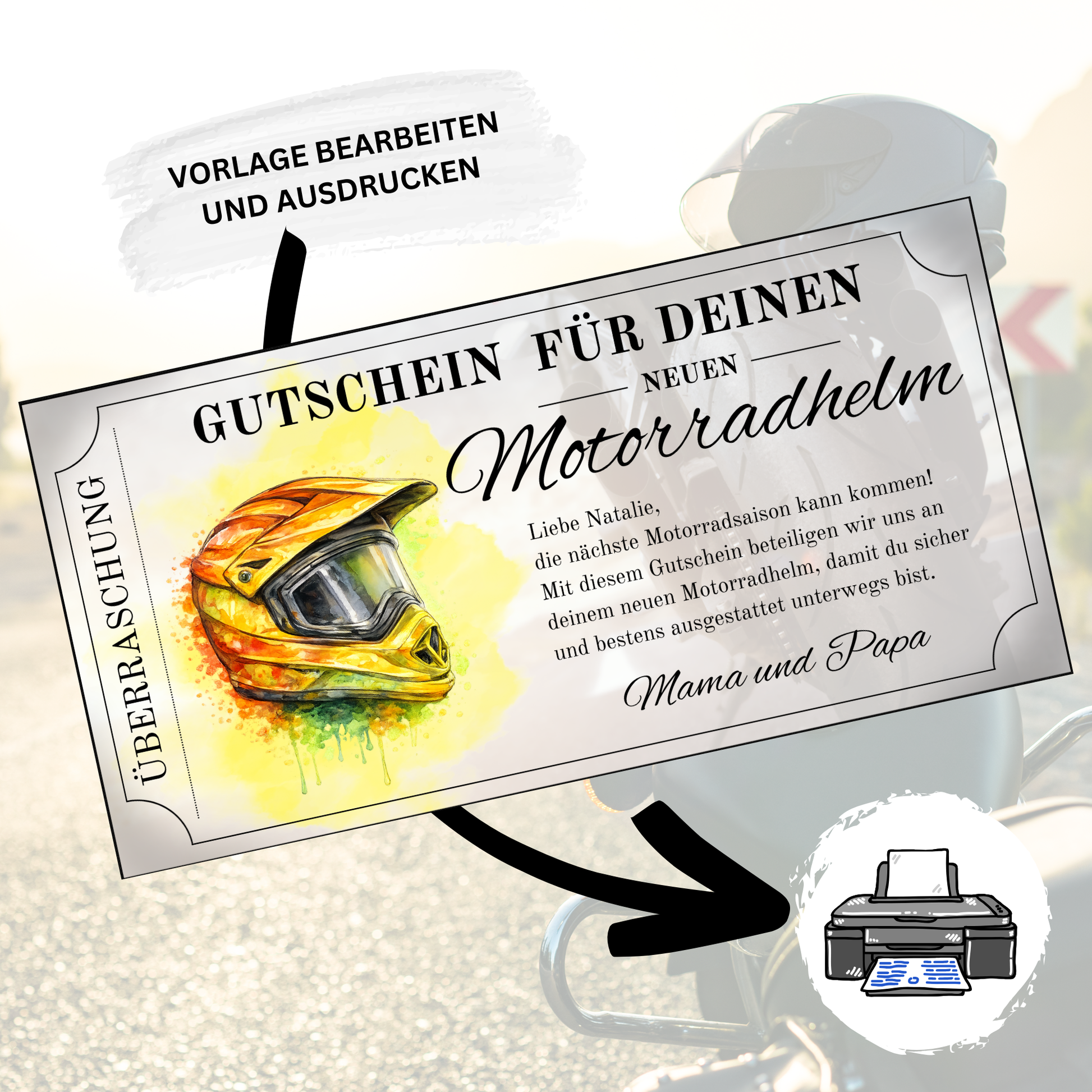 Motocross Helm Gutschein gelb als Geburtstagsgeschenk fuer Offroad-Fahrer digital