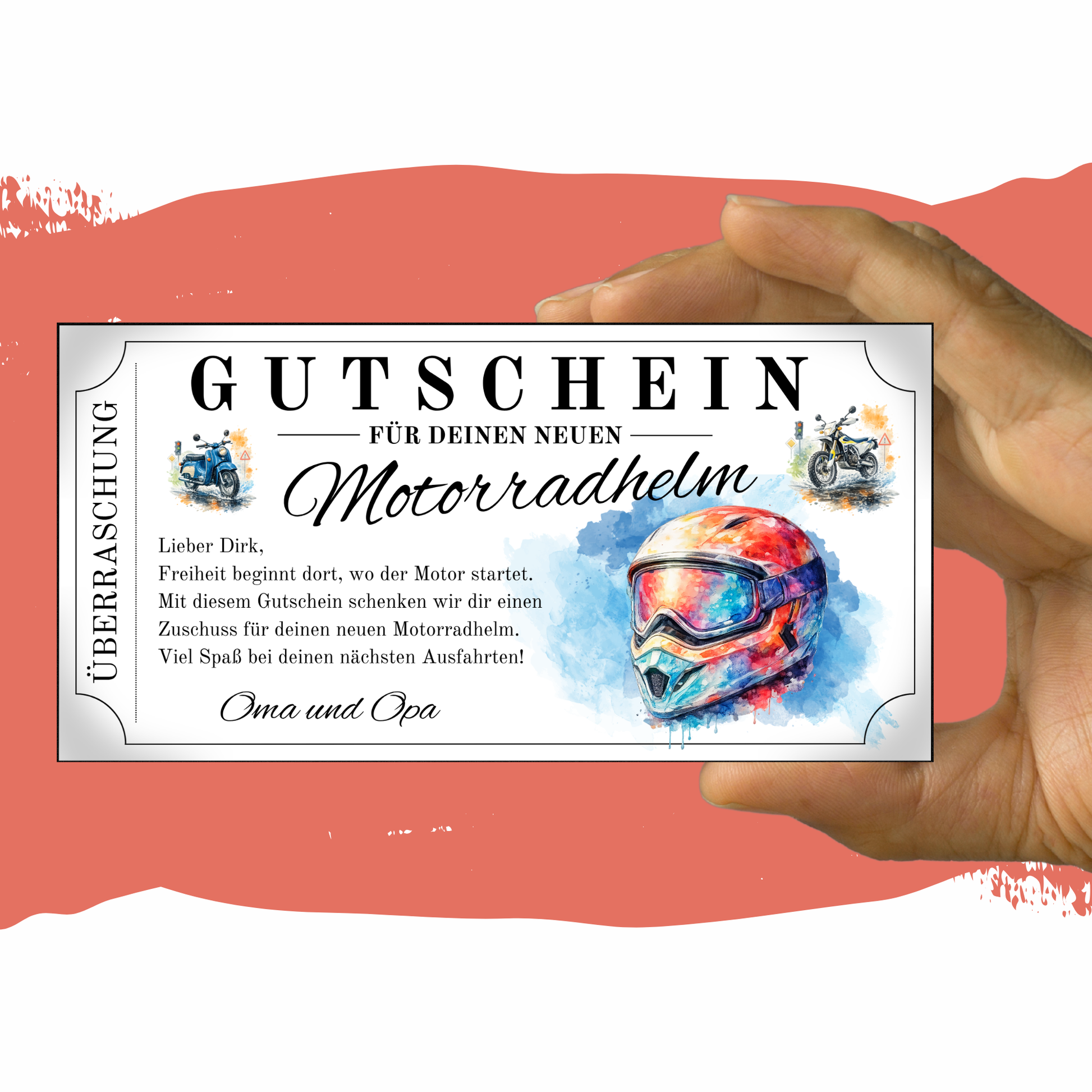 Motorradhelm Gutschein MX-Helm Goggle blau-roter Aquarell-Splash digital personalisierbar