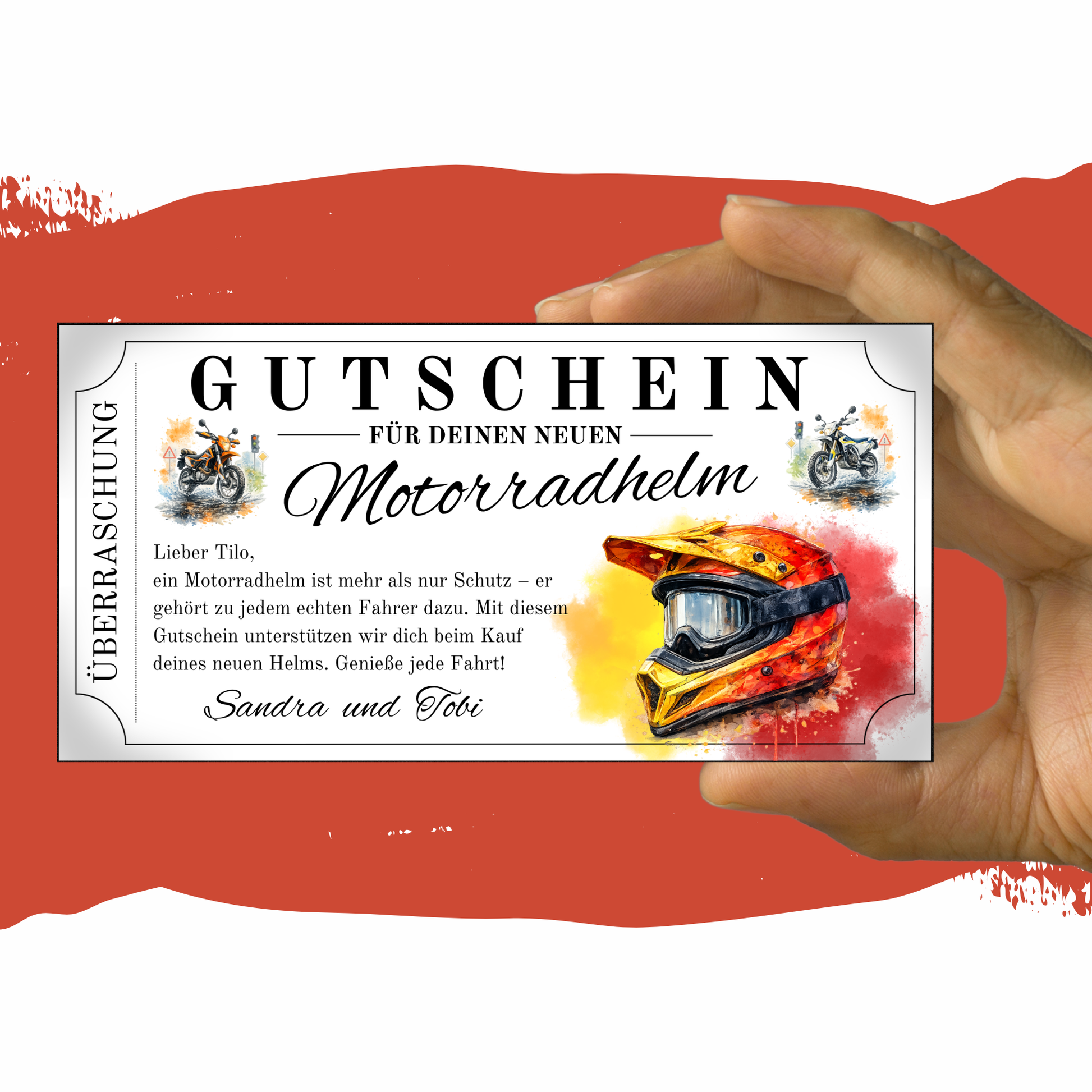 Motocross Helm Gutschein Silber-Ticket-Rahmen Enduro orange-gold Aquarell digital