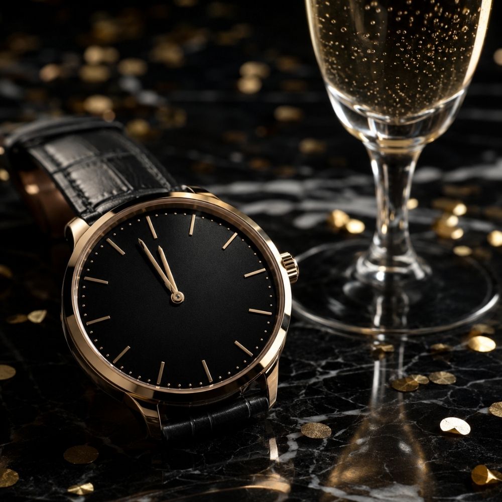 Luxusuhr kurz vor Mitternacht auf Marmor neben Sektglas und goldenem Konfetti – stilvolle digitale Silvester-Einladung