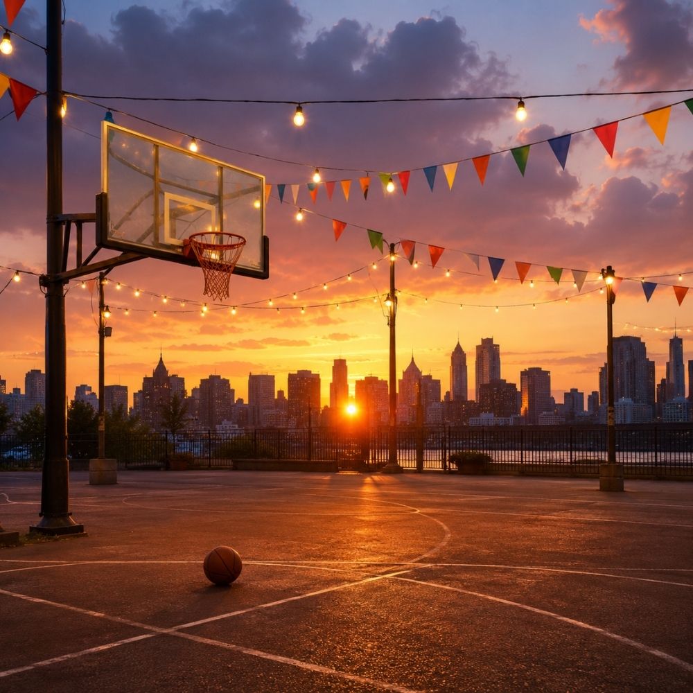 Goldene Abendsonne über urbanem Basketballplatz mit Lichterketten und bunten Wimpeln – stimmungsvolle Einladung
