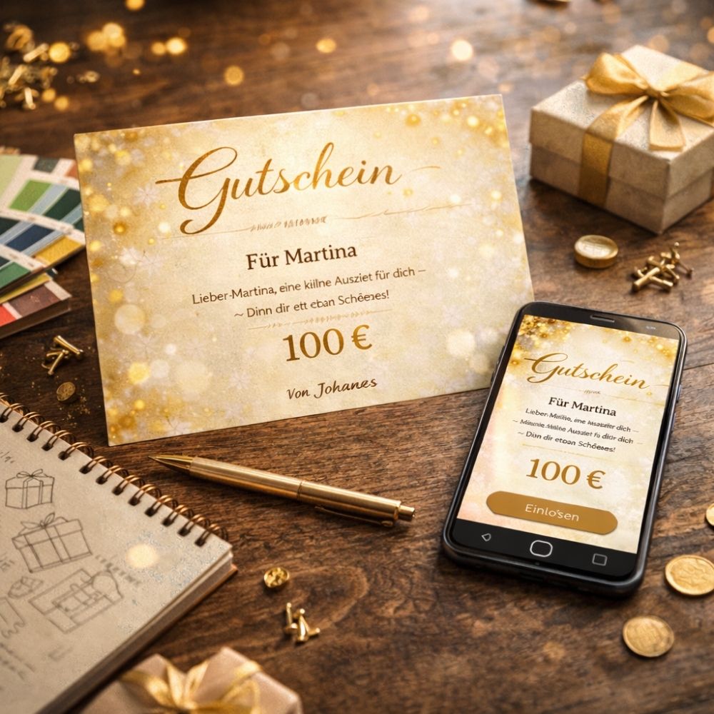 Gutschein im Wert von 100 € auf einem Tisch mit Geschenkbox und Notizbuch.