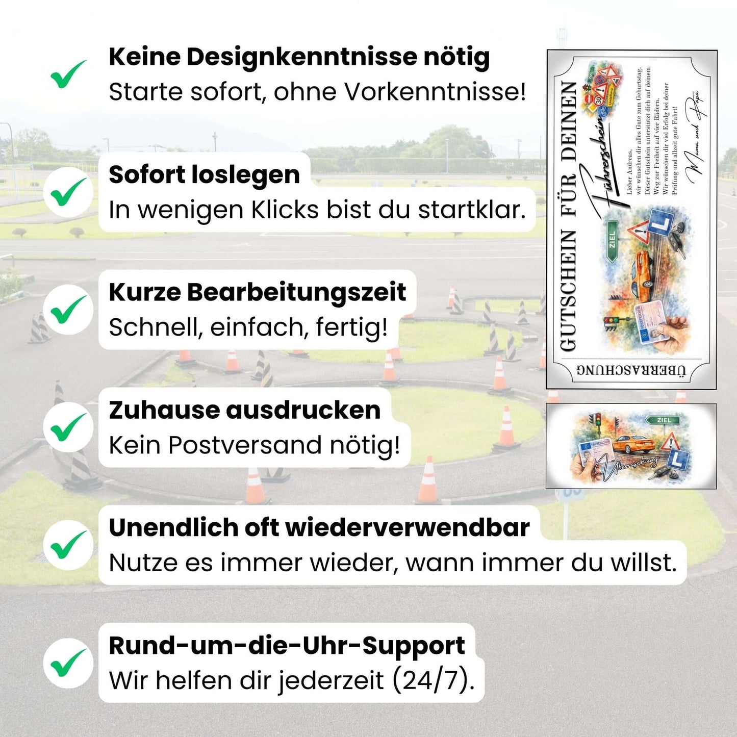 Digitaler Geschenkgutschein Fahrstunden PKW mit orangefarbenem Auto und EU-Führerschein