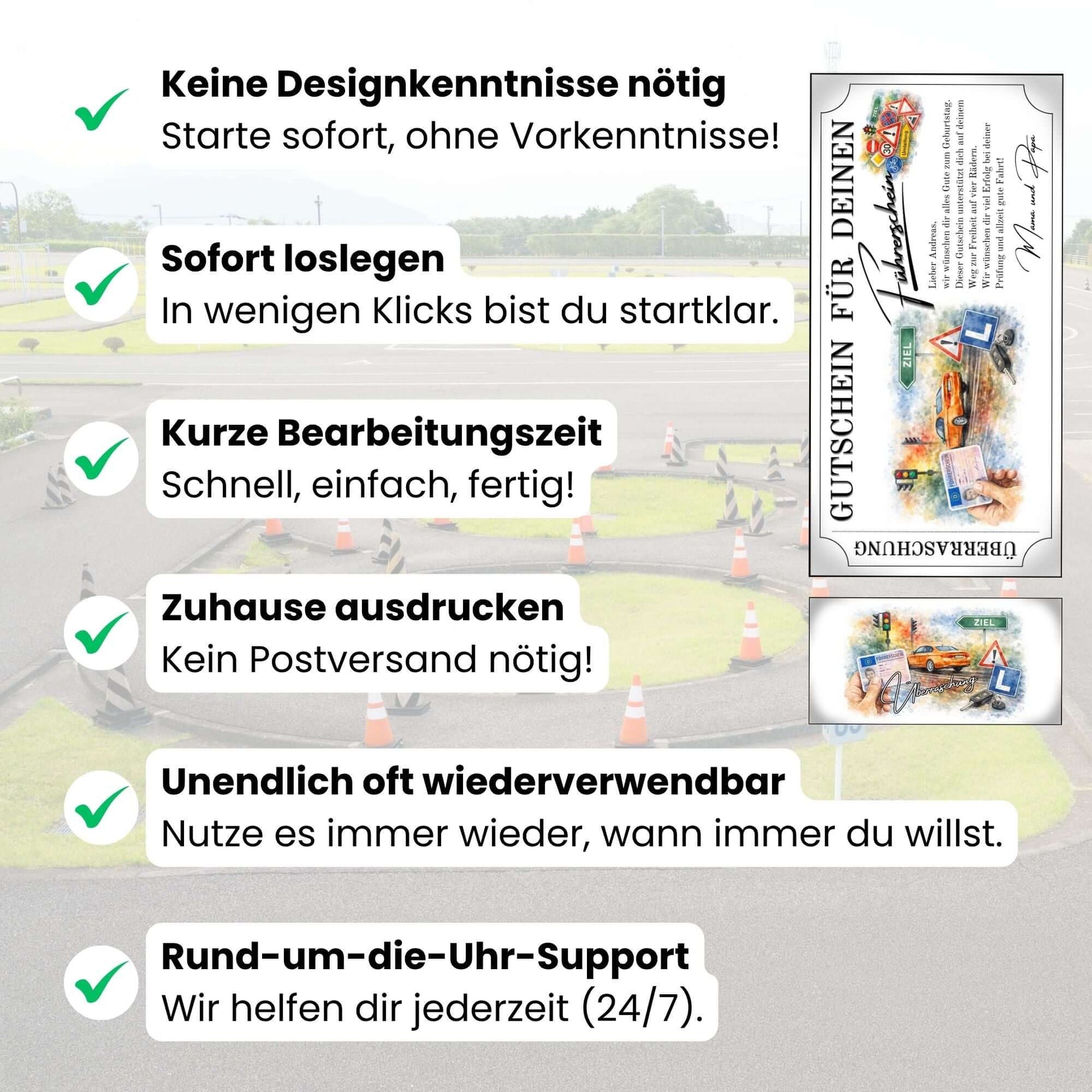 Digitaler Geschenkgutschein Fahrstunden PKW mit orangefarbenem Auto und EU-Führerschein