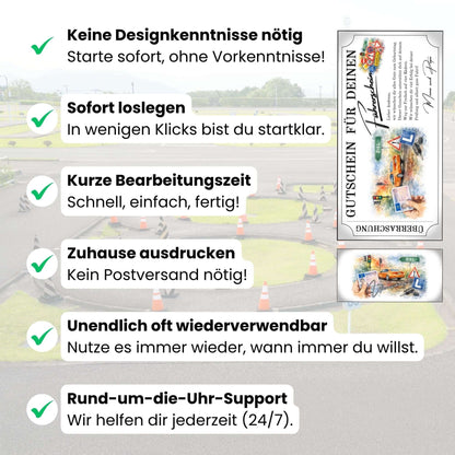 Digitaler Geschenkgutschein Fahrstunden PKW mit orangefarbenem Auto und EU-Führerschein