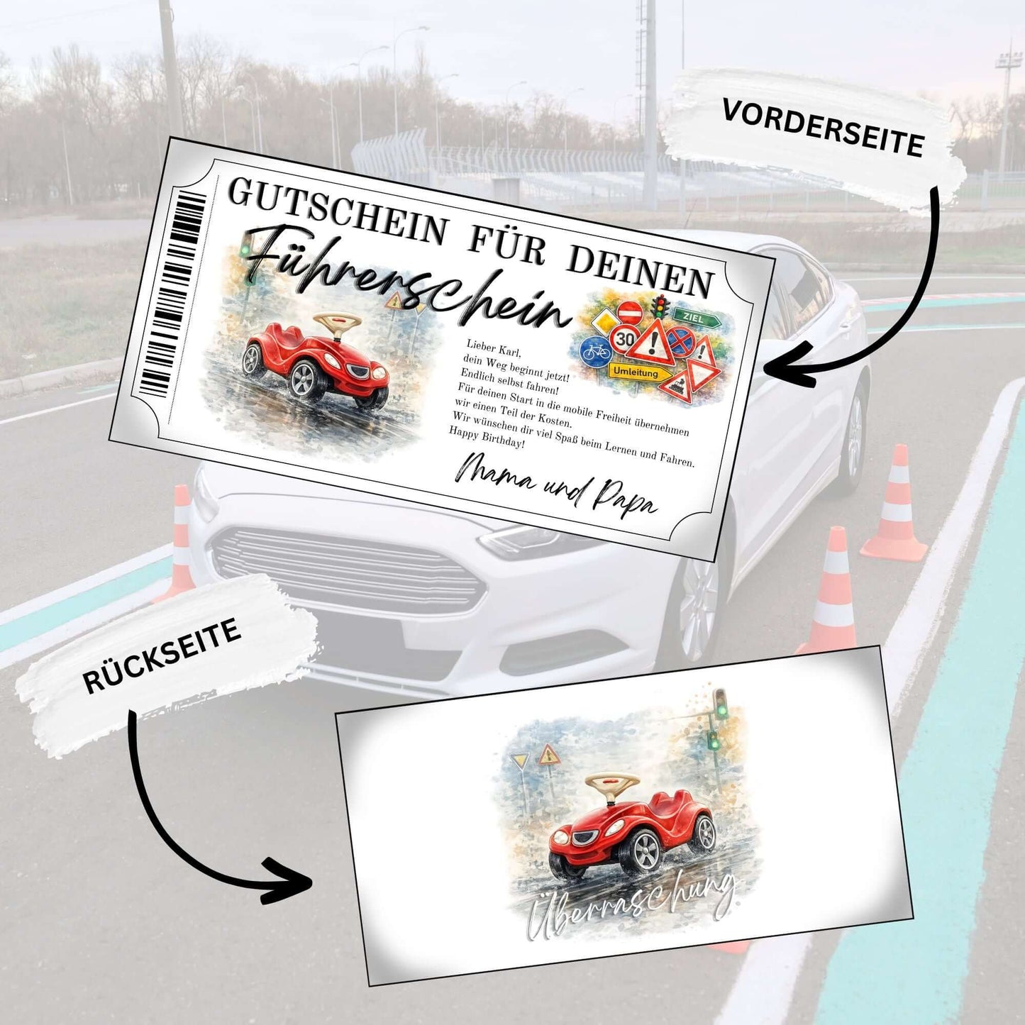 Führerschein Gutschein Bobby-Car personalisierbar mit buntem Verkehrsschilder-Cluster und ZIEL-Schild