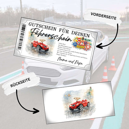 Führerschein Gutschein Bobby-Car personalisierbar mit buntem Verkehrsschilder-Cluster und ZIEL-Schild