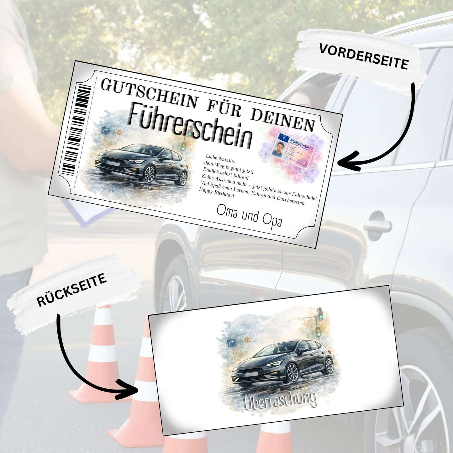 Führerschein Gutschein Durchstarten personalisierbar mit EU-Karte in buntem Aquarell-Splash
