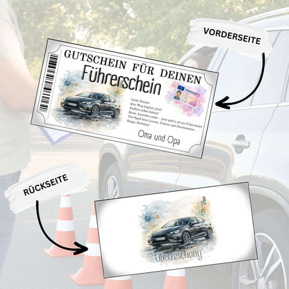 Führerschein Gutschein Durchstarten personalisierbar mit EU-Karte in buntem Aquarell-Splash