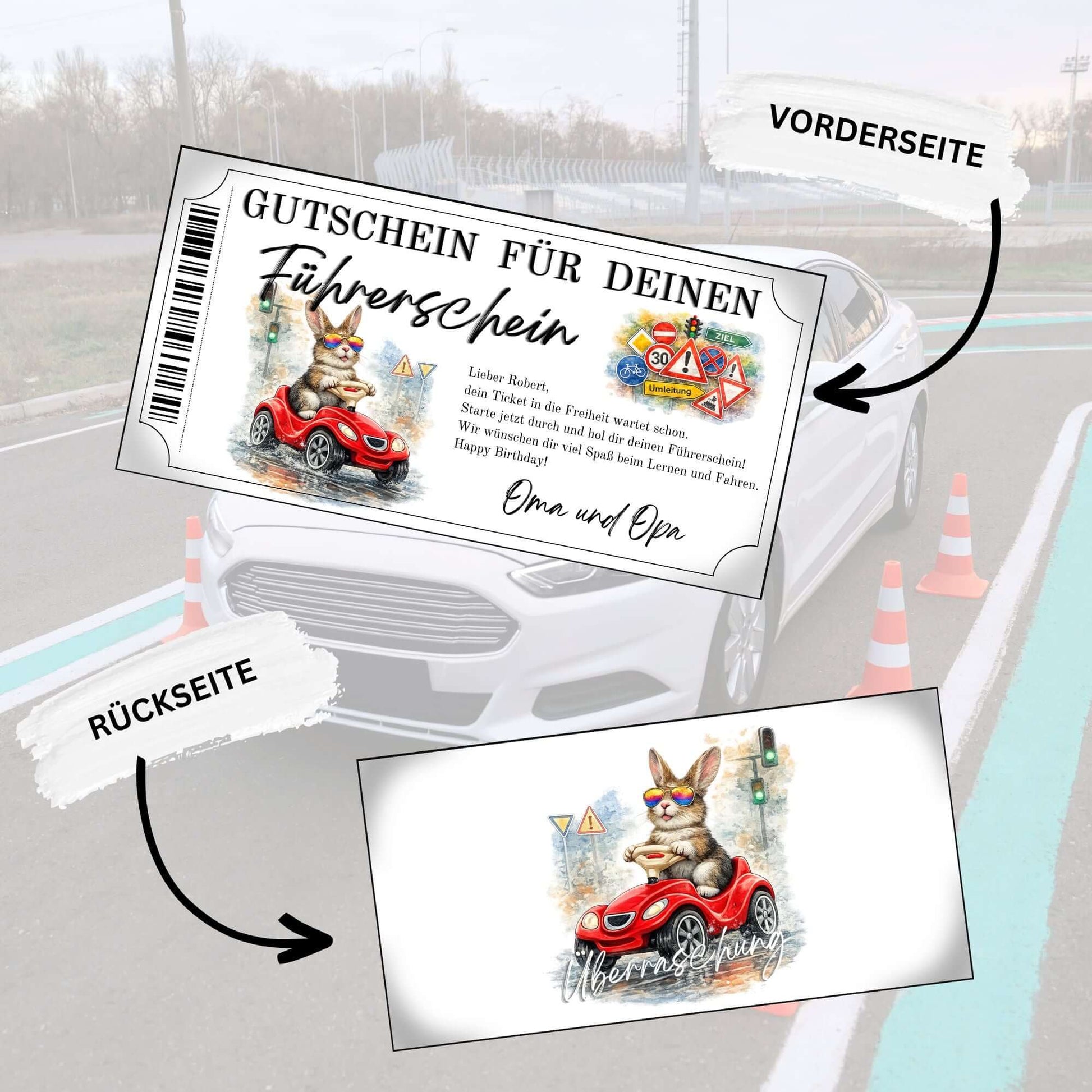 Führerschein Gutschein Hase personalisierbar mit Warndreiecken und ZIEL-Wegweiser
