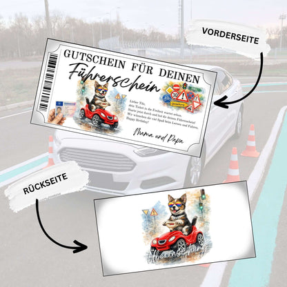 Führerschein Gutschein Hund personalisierbar mit Ampel Warnschildern und ZIEL-Wegweiser