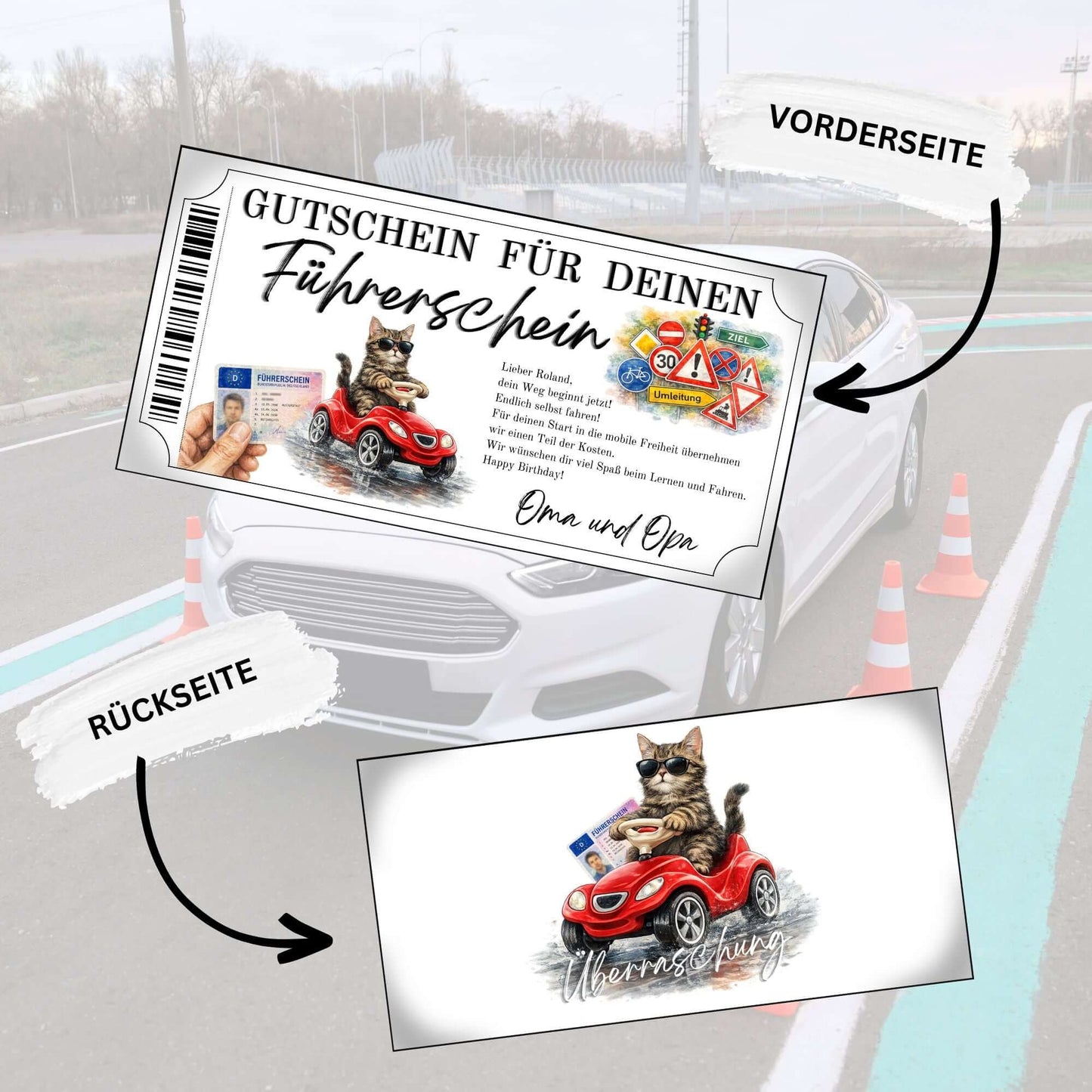 Führerschein Gutschein Katze personalisierbar mit bunten Verkehrsschildern und ZIEL-Schild