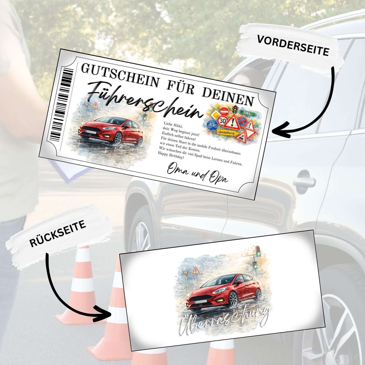 Führerschein Gutschein rotes Auto personalisierbar mit buntem Verkehrsschilder-Cluster und ZIEL-Schild