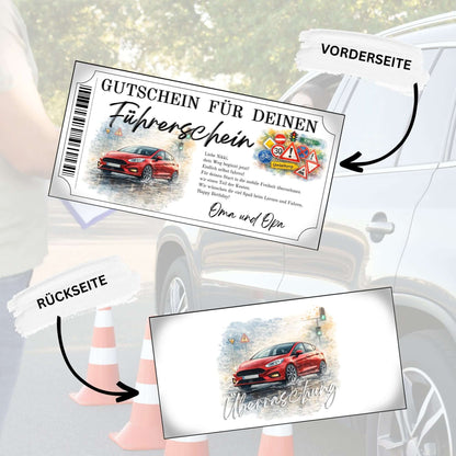 Führerschein Gutschein rotes Auto personalisierbar mit buntem Verkehrsschilder-Cluster und ZIEL-Schild