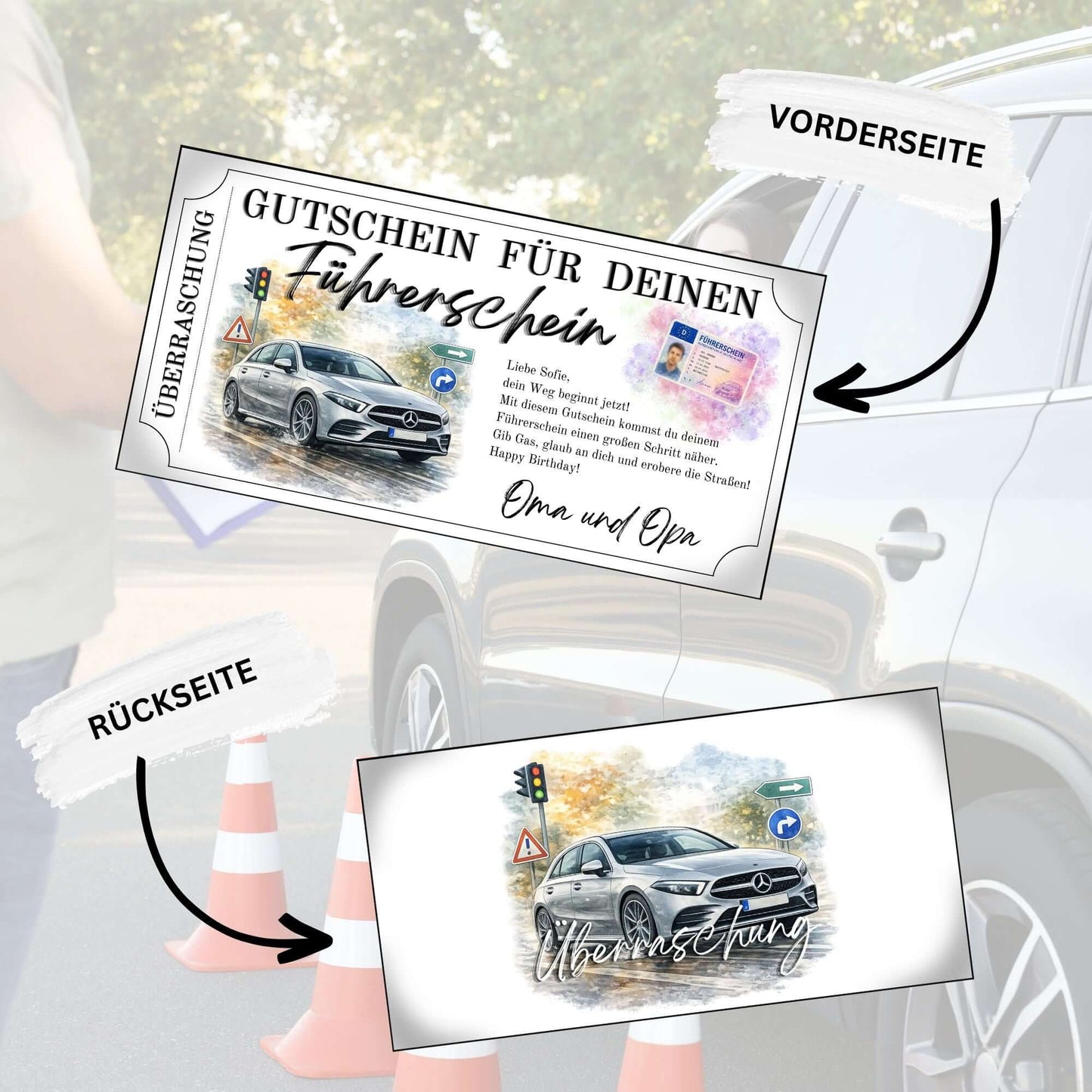 Führerschein Gutschein elegant personalisierbar mit EU-Führerscheinkarte und violettem Aquarell-Akzent