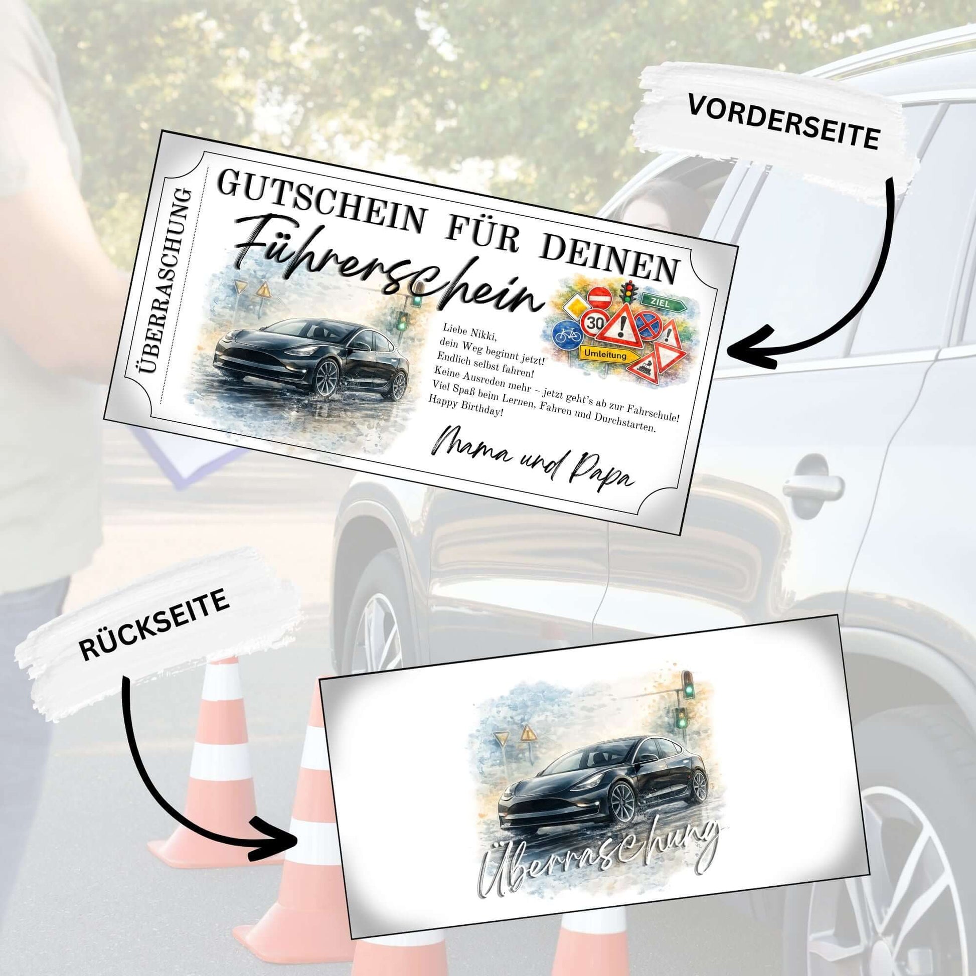 Führerschein Gutschein E-Auto personalisierbar mit buntem Verkehrsschilder-Cluster und ZIEL-Schild