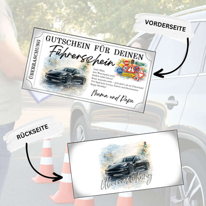 Führerschein Gutschein E-Auto personalisierbar mit buntem Verkehrsschilder-Cluster und ZIEL-Schild