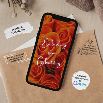 eCARD - Animierte Einladungskarte Geburtstag mit orange Rosen