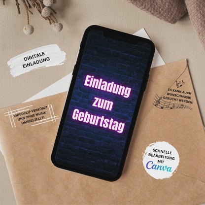 eCARD - Animierte moderne Neonparty Geburtstagskarte