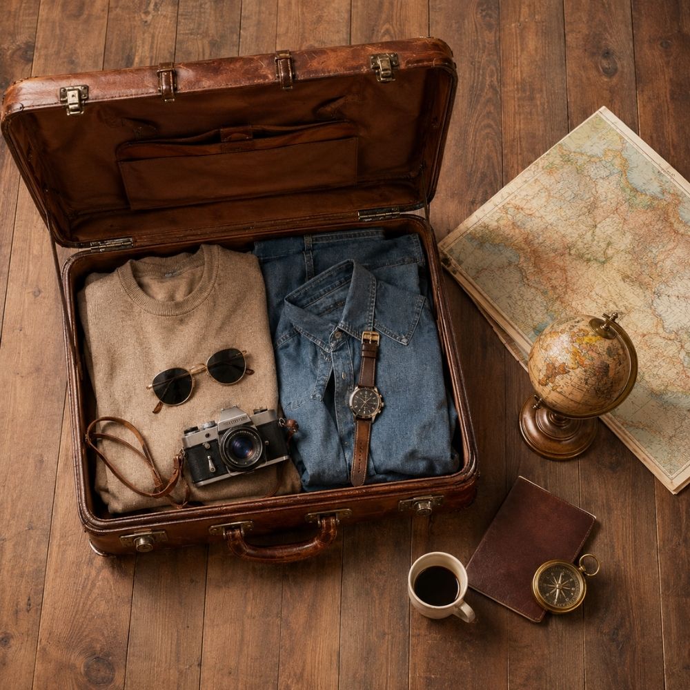 Stilvolles Reise-Flatlay mit Koffer, Karte und Kompass – für einen personalisierbaren Reisegutschein zum Ausdrucken 