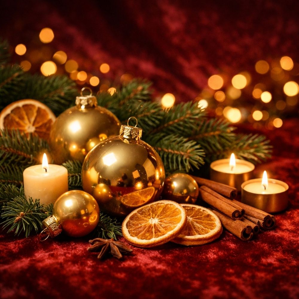 Festliche Weihnachtsdekoration mit goldenen Christbaumkugeln und Kerzenlicht – passend zu saisonalen Gutscheinvorlagen zum Ausdrucken für Weihnachten