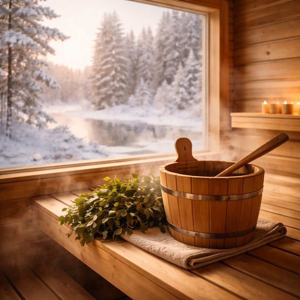 Finnischer Saunaraum mit Holzkübel und Birkenreisern, Blick auf verschneite Winterlandschaft – Sauna Gutschein Entspannung verschenken