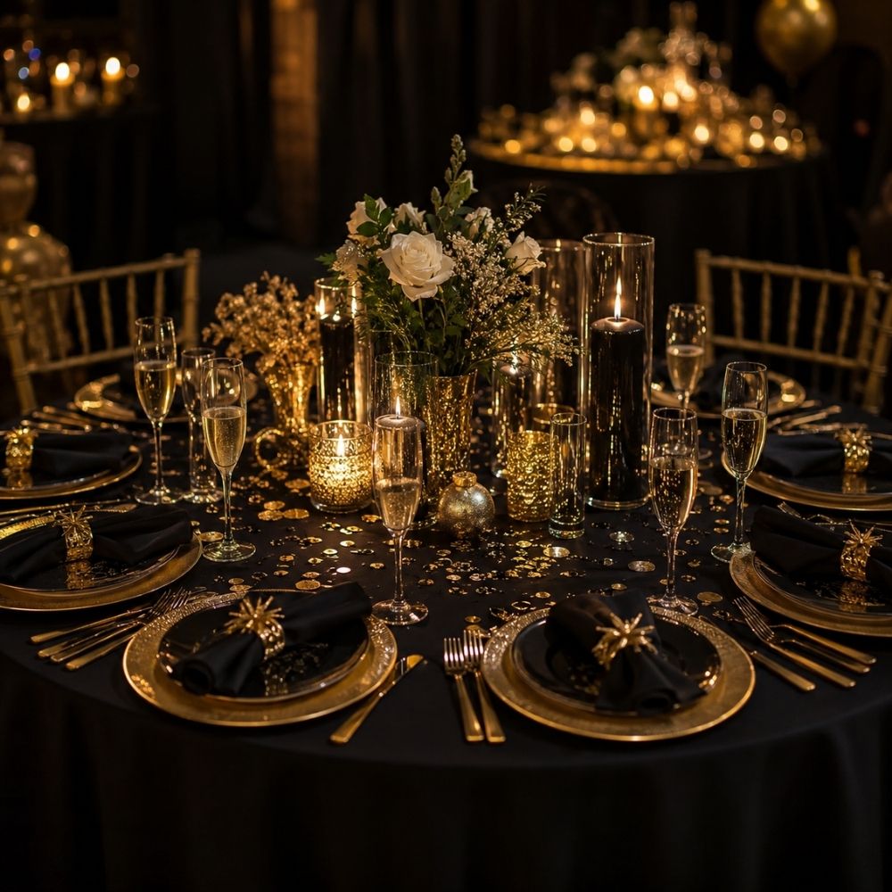 Elegant gedeckter Tisch für eine Silvester-Party mit schwarzem Golddekor, Kerzen und Sektgläsern
