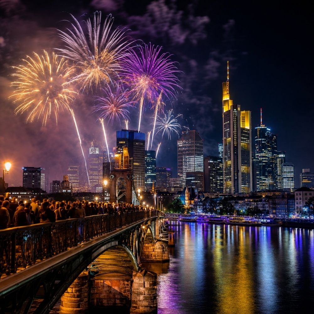 Cinematisches Feuerwerk über einer nächtlichen Stadtsilhouette mit Spiegelungen im Fluss – digitale Silvester Einladungskarte
