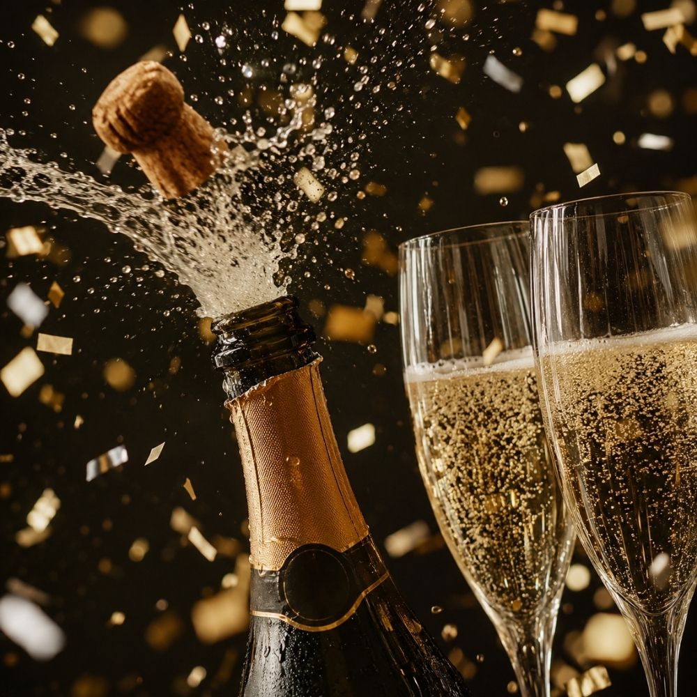 Champagnerflasche beim Öffnen mit goldenen Blasen, Kristallgläsern und Konfetti – stimmungsvolle digitale Silvester-Einladung