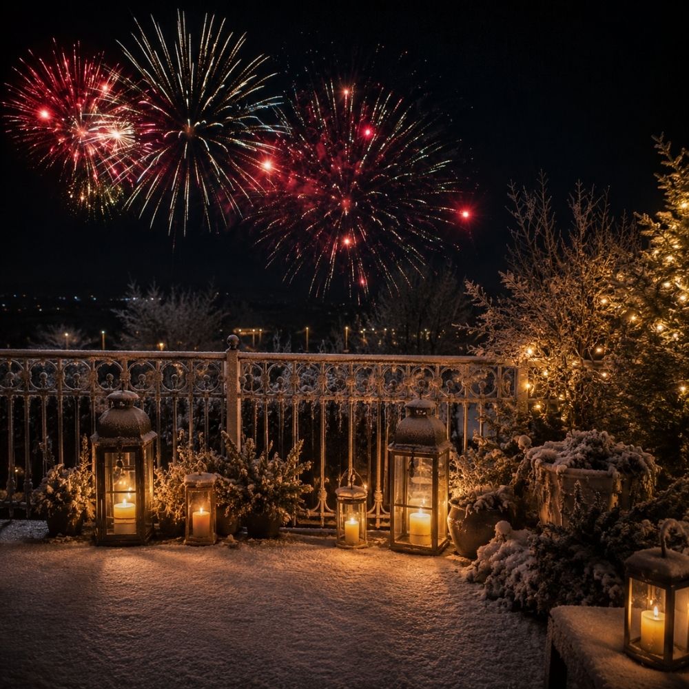 Verschneite winterliche Terrasse mit Laternen, Lichterketten und buntem Feuerwerk am Nachthimmel – intime Silvester-Einladung