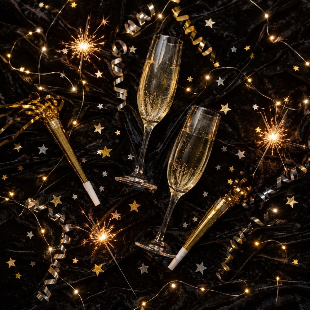 Elegantes Flat-Lay mit Sektgläsern, Partyhörnern, Wunderkerzen und goldenem Konfetti auf dunklem Samt