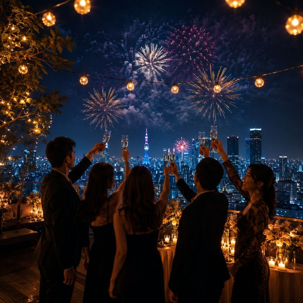 Rooftop-Party-Szene bei Mitternacht mit Silhouetten, Sektgläsern und Feuerwerk über der Stadt
