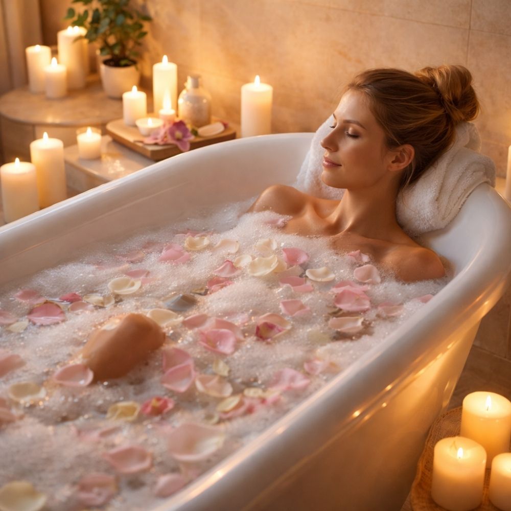 Frau entspannt in einer Badewanne mit Blütenblättern und Kerzen – Inspiration für einen Spa Gutschein zum Ausdrucken von eCARD4you