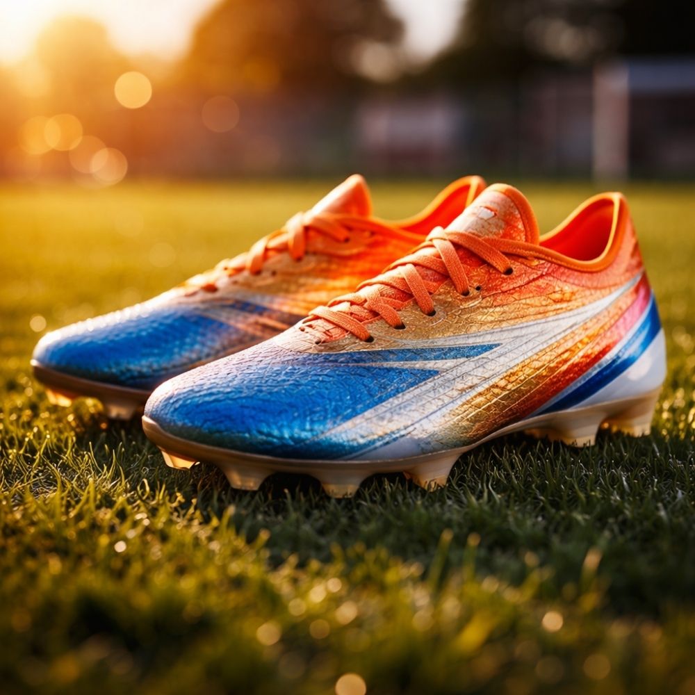 Nahaufnahme moderner Fußballschuhe auf grünem Rasen als Motiv für einen Sport Gutschein selbst gestalten