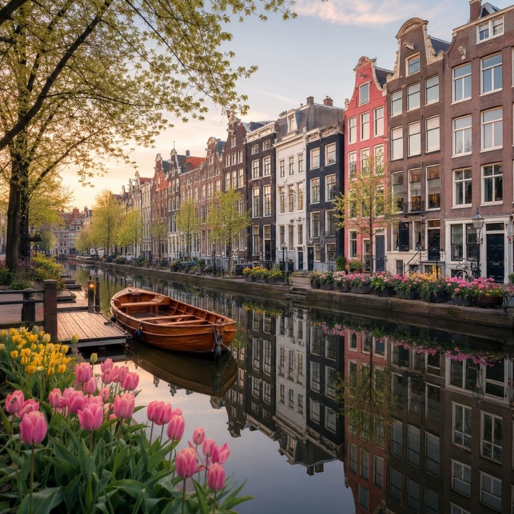 Malerische Grachten in Amsterdam mit Tulpen im Frühling – Bildidee für einen Kurztrip Gutschein personalisieren