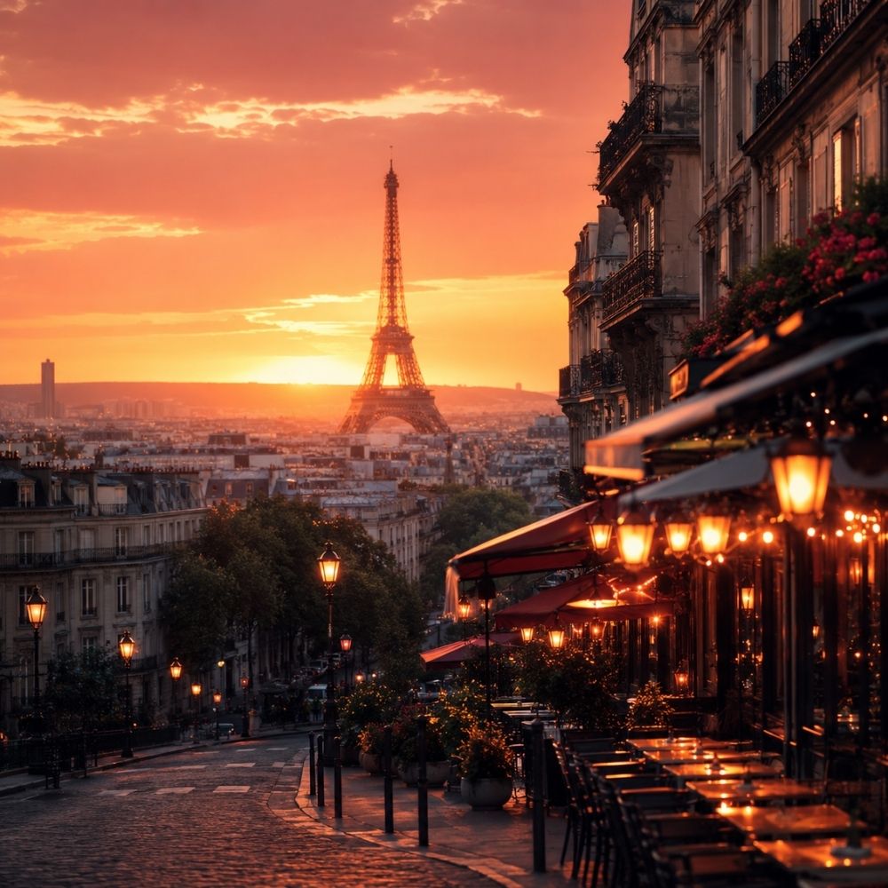 Romantische Abendszene am Eiffelturm in Paris – perfekte Inspiration für einen Städtetrip Gutschein als Geschenkidee 