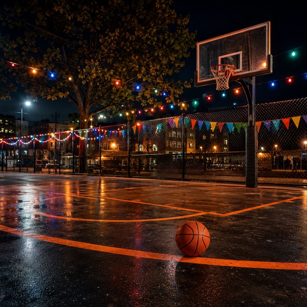 Beleuchteter Streetball-Court bei Nacht mit Festlichkeitslichtern und frischen Platzmarkierungen – urbane digitale Einladung