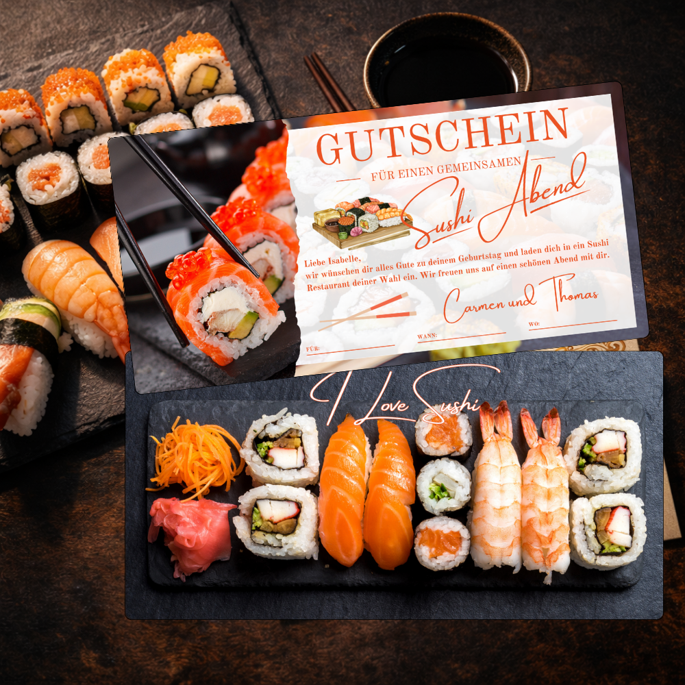 Hochwertiges Sushi-Tableau mit verschiedenen Rollen und Nigiri auf Schieferplatte neben einem Geschenkumschlag – Sushi Gutschein personalisieren bei eCARD4you