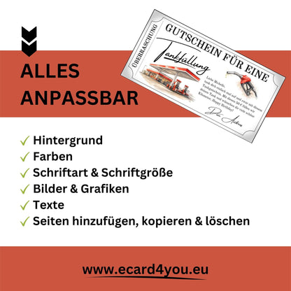 Digitaler Tankgutschein rot – Gutschein für eine Tankfüllung, anpassbar mit Hintergrund, Farben und Texten.