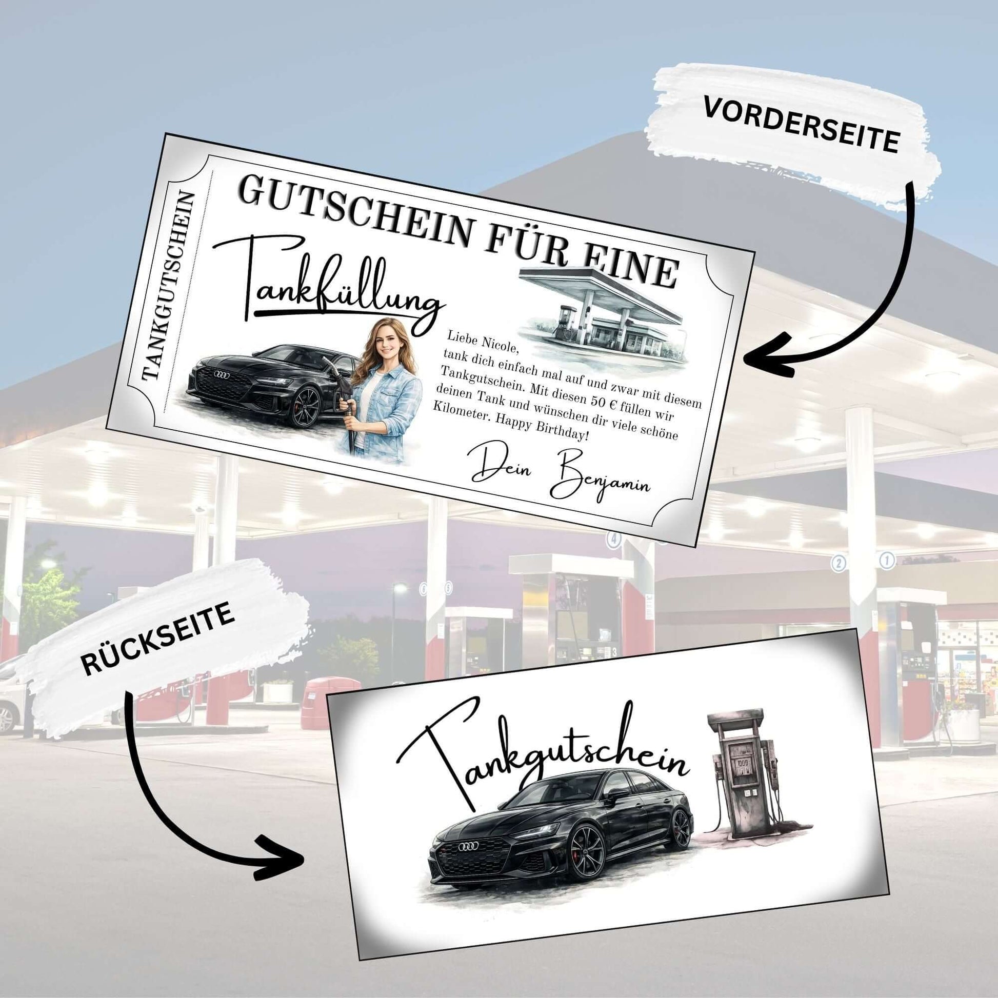Tankgutschein für Frauen – Gutschein mit Audi und persönlicher Botschaft in stilvollem Design